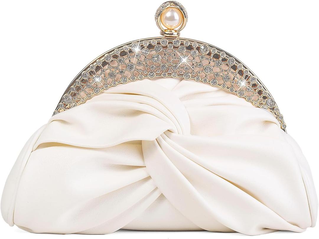 Womens PU Leather Woven Dumpling Purse with Pearl Chain, Crossbody Bag Evening Clutch for Wedding Party Prom (#2506-cream)