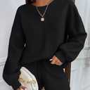 Ekouaer Womens 2 Piece Knit Sweatsuit Long Sleeve Tops and Shorts Pajamas Fashion Outfits Casual Lounge Set with Pockets Black L