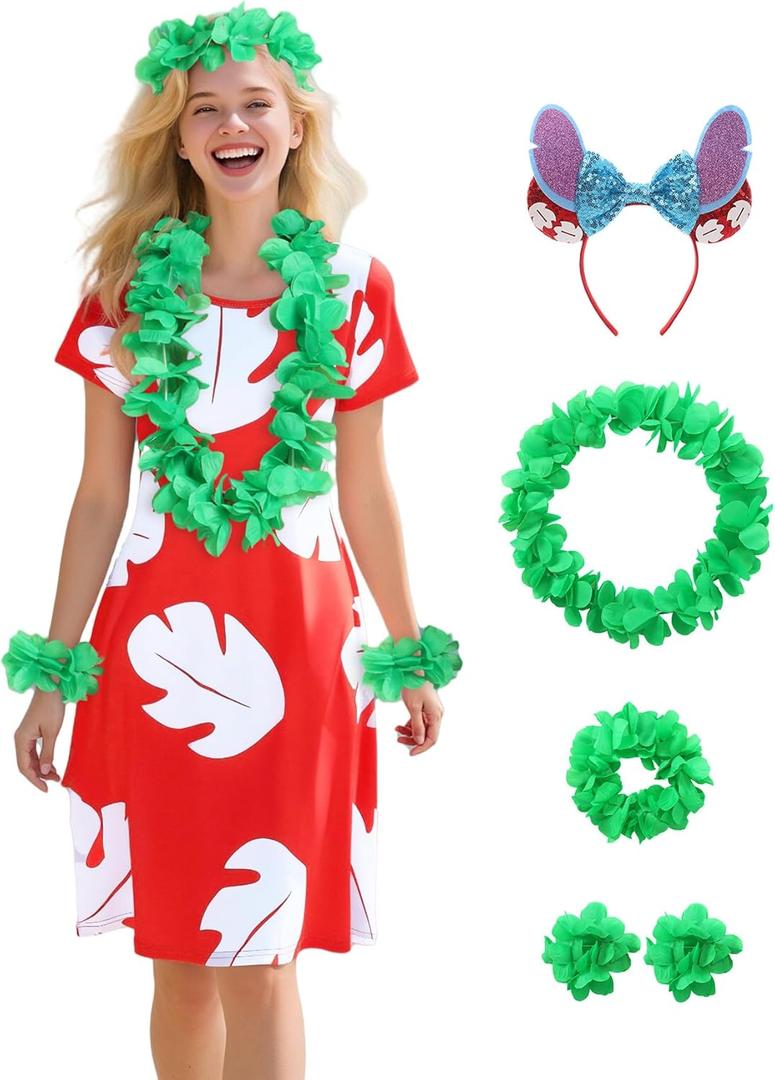 ZIW Women Hawaiian Costme Tropical Leaf Print Dress with Headband, Luau Flower Leis Accessories, Adult Halloween Costumes (XL)