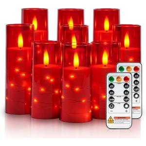 Raycare Flameless Candle with Remote Timer  9 Flickering Acrylic Battery Operated LED Pillar Candles with Embedded Star String for Valentine's Day, Home Decor, and as a Gift (Red)