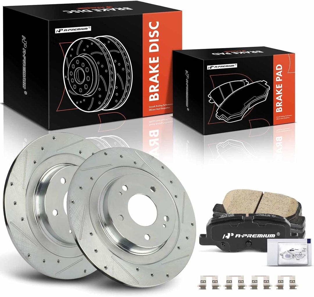 A-Premium 11.89 in (302 mm) Rear Drilled and Slotted Disc Brake Rotors + Ceramic Pads Kit Compatible with Select Mitsubishi Models - Outlander 2014-2018, Outlander Sport 2013-2022, RVR, 6-PC Set