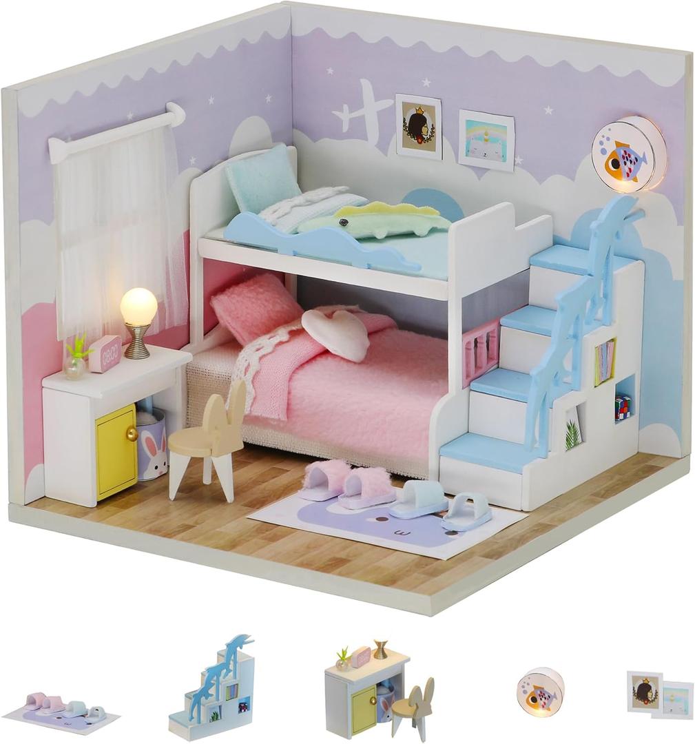 Kisoy Dollhouse Miniature with Furniture Kit, DIY 3D Wooden DIY House Kit A Corner of a Small Apartment Style with Dust Cover & LED,Handmade Tiny House Toys for Kids Adults Gift (Bedroom)