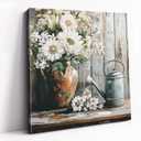 DRLWGTY Framed Farmhouse Rustic Daisy Wall Art, 24x24 Country Floral Watering Can Village Style Wall Picture with Gold Glitter Texture Details for Living Room Garden Kitchen Ready to Hang