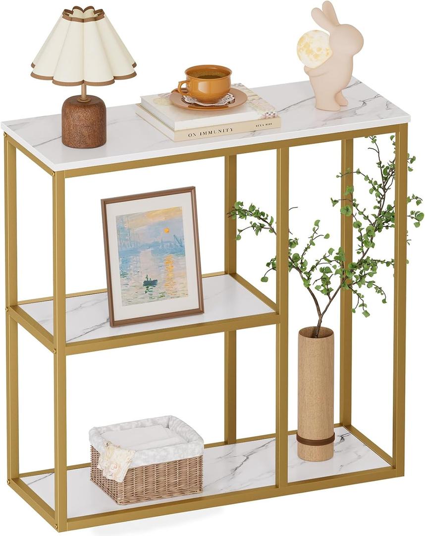 WOHOMO 31.5" Narrow Console Table with 3-Tier Storage, Industrial Sofa Table for Entryway, Living Room & Hallway - Gold Marble Faux Top, Sturdy Metal Frame