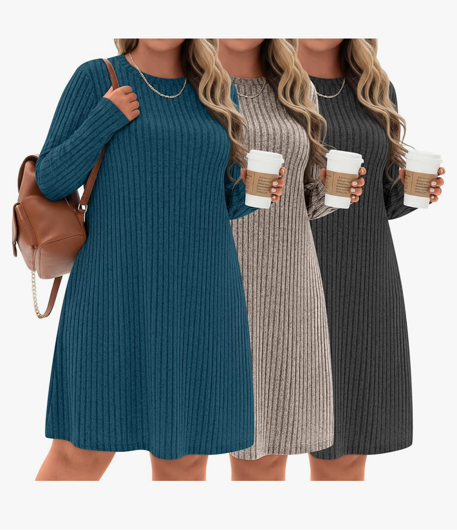 3 Pack Women's Plus Size Sweater Tunic Dresses, Long Sleeve Crew Neck Knit Dresses Loose Fit for Casual Fall Winter, 3XL