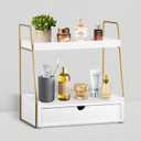 2-Tier Bathroom Organizer Countertop with Drawer, Wood Counter Organizer for Bathroom Decor, Sink Shelf for Vanity Storage, Makeup Tray for Perfume Skincare Bedroom Kitchen Corner (White)