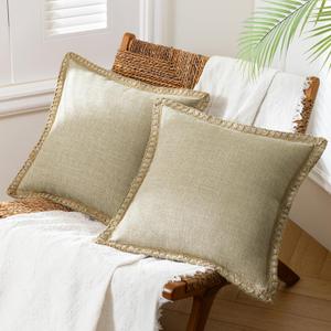 Phantoscope Pack of 2 Farmhouse Decorative Solid Throw Decorative Pillow Cover Burlap Linen Trimmed Tailored Edges, Oatmeal 20 x 20 inches, 50 x 50 cm