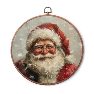 IDUXIY Vintage Christmas Wall Art Decor, Retro Santa Claus Canvas Print Round Wall Hanging Decor, Framed, 10x10 Inch.(124)