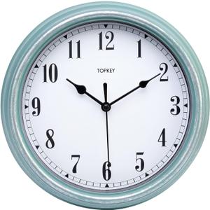 Topkey Silent Antiqued Finish Wall Clock Kitchen 9 Inch Retro Non-ticking Decorative Bedroom Office Wall Clock-Green
