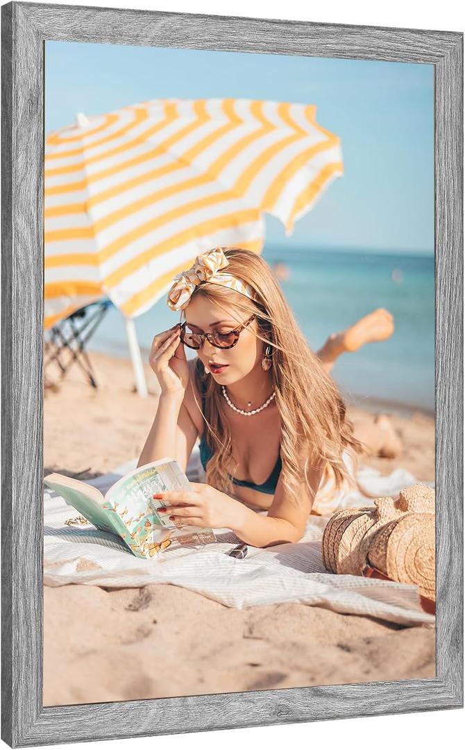 24x30 Wood Frame Gray, Rustic Natural Grey Wooden 30x24in Poster Picture Frame, Distressed 24 x 30inch Woodgrain Gallery Photo Frame with HD Plexiglass, Horizontal Vertical Wall Mounting Display 1pcs