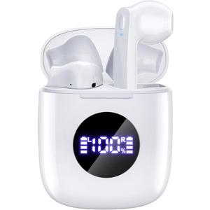 Bluetooth Headphones V5.3 Wireless Earbuds 50 Hrs Battery Life with Wireless Charging Case & LED Power Display Deep Bass IPX7 Waterproof Earphones Microphone Stereo Headset for iPhone & Android, White
