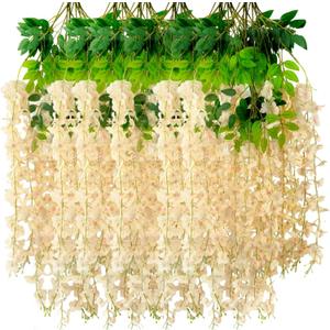 24 Pack Champagne Wisteria Hanging Flowers Garland, 3.77 Feet Artificial Flower Vines, Fake Wisteria, Artificial Vines Hanging Garland for Backdrop Outdoor Yard Garden Decor