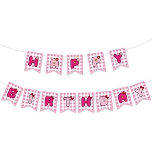Kawaii Birthday Party Decoration, Cute Pink Plaid Happy Birthday Banner with Bow Flower Cartoon Themed Backdrop for Girls Women Sweet Party Supplies