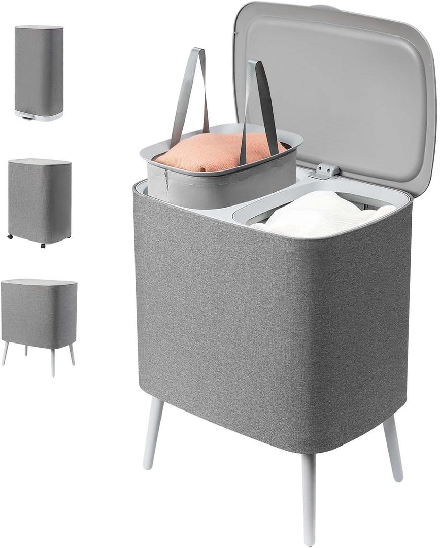 Large Collapsible Laundry Basket: with Handles & Legs  Heavy Duty Foldable Laundry Hamper 2-Section Organizer Tall Dirty Clothes Basket for Home Dorm Laundry Baskets (GREY, 60L)