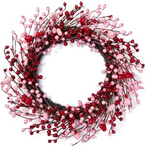 22in Valentines Day Wreath for Front Door, Valentines Day Door Wreath with Pink and Red Berries for Wall Indoor Decoration, Artificial Berry Wreath for Valentine's Day Anniversary Wedding Home Decor