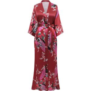 BABEYOND Women's Kimono Robe Long Satin Robes with Peacock and Blossoms Printed Kimono Nightgown (Winered) One Size