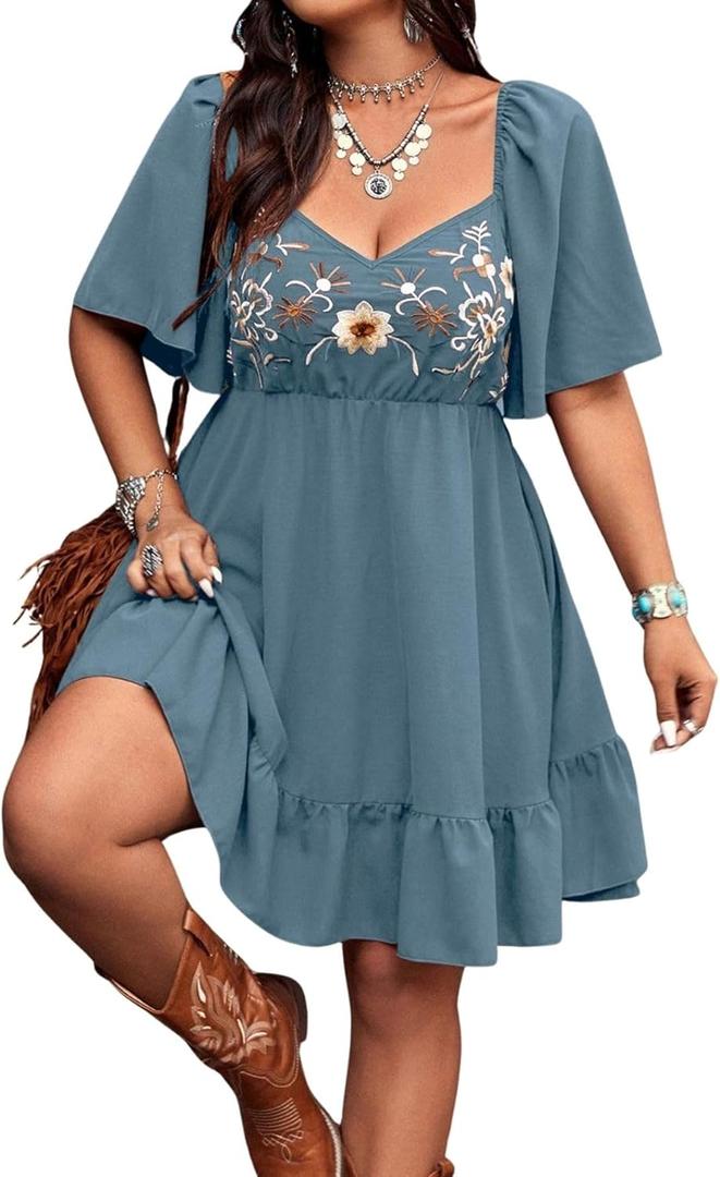 Verdusa Women's Plus Size Western Boho Floral Dress Cowgirl Country Concert Vacation Outfits Flowy Summer Dresses, 0XL, Dusty Blue