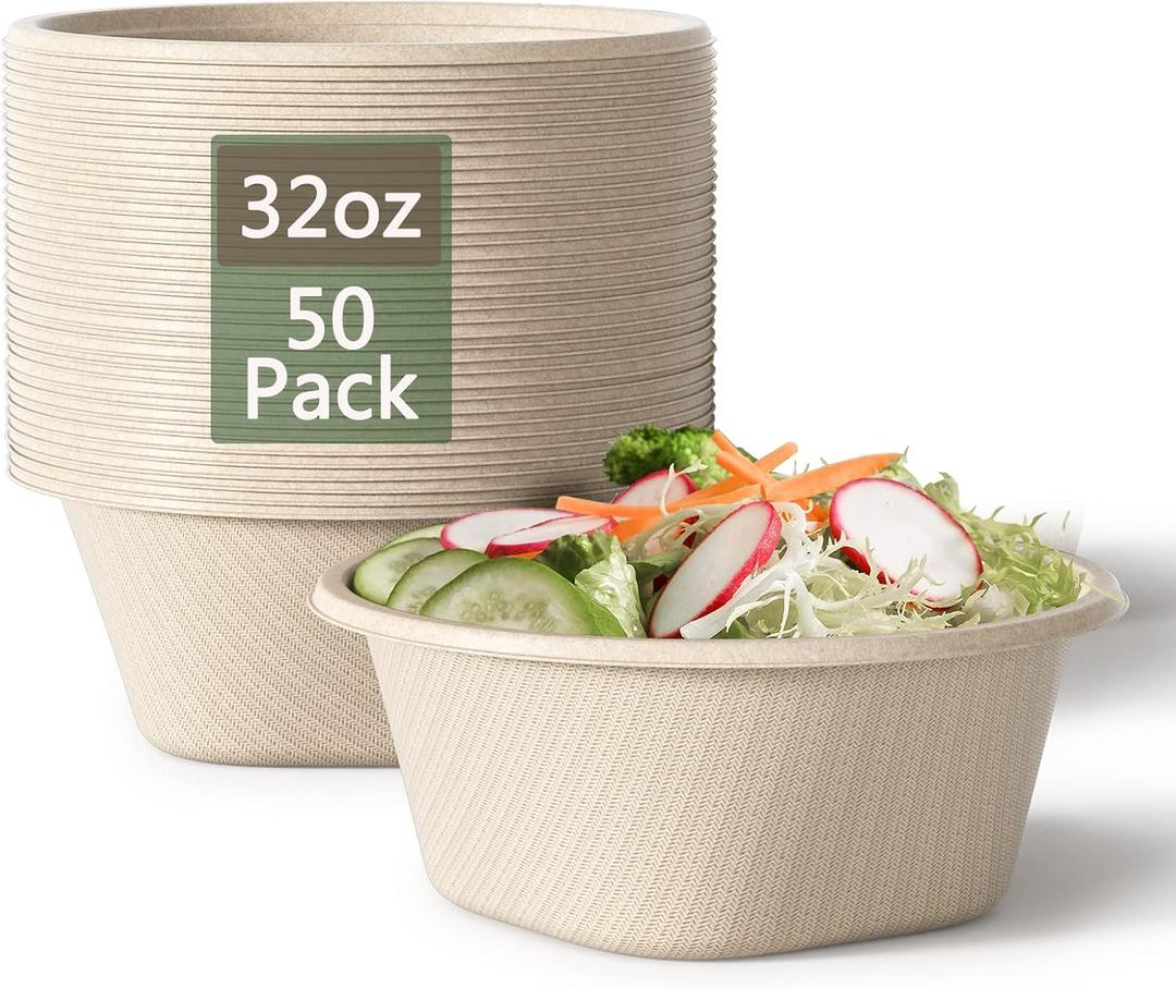 32 Oz Deep Paper Bowls Disposable Bowl - Disposable Heavy Duty Compostable Bowls, Eco-friendly Sugarcane Bagasse Biodegradable Bowl for Soup, Salad, Dessert, Ice Cream [50 Pack without Lds]