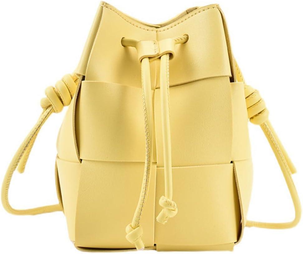 Women's Mini Woven Bucket Bag, Square Lattice Drawstring Leather Small Hobo Handbag Crossbody Handbags Soft Adjustable (Yellow)