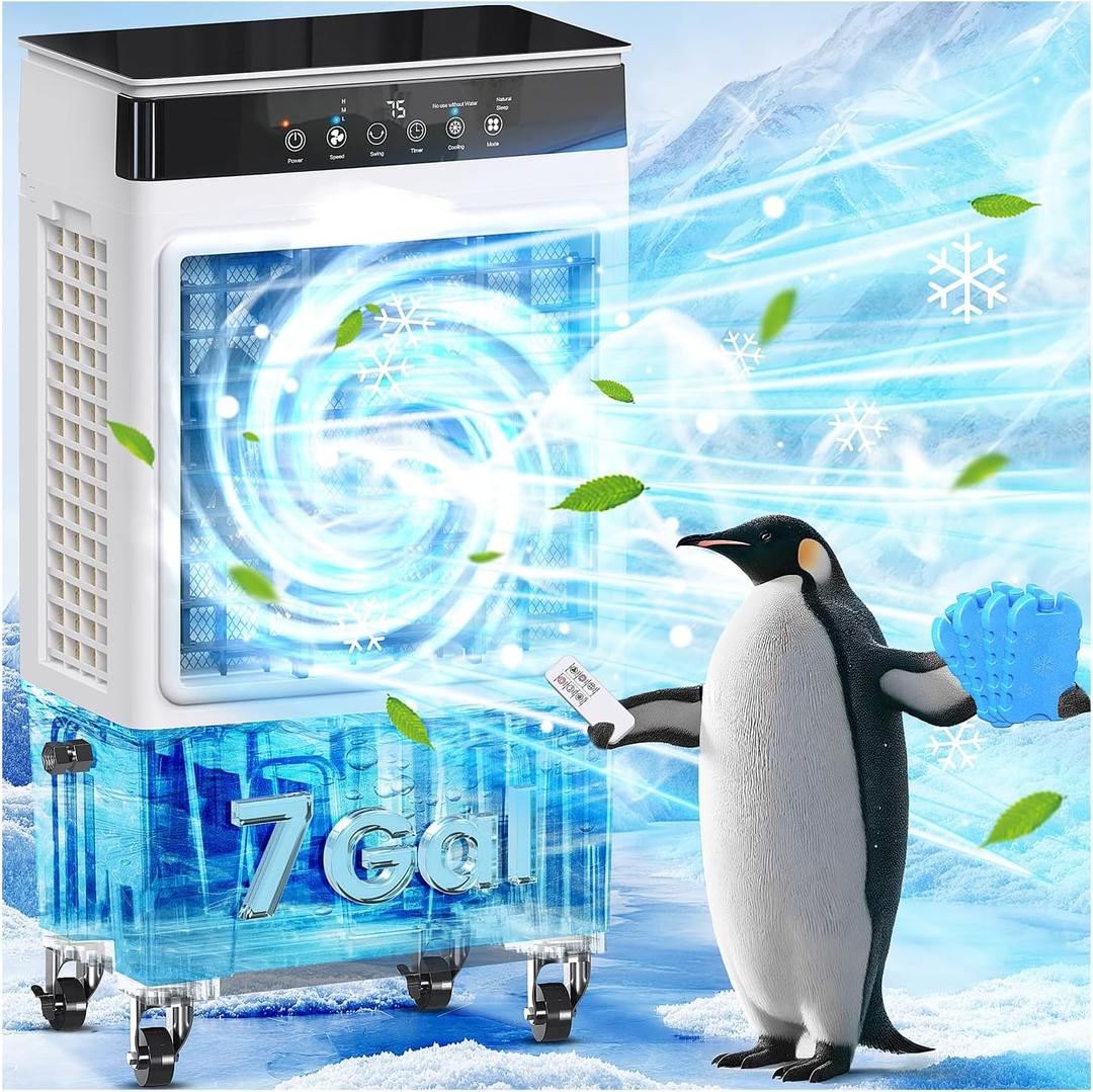 Swamp Cooler Air Conditioner with Dry Burn Protection, 4-in-1 Evaporative Air Cooler with 7-Gal Water Tank, 4 Modes, 3 Speeds, Remote, 12H Timer, Portable Windowless AC for Bedroom Home Office