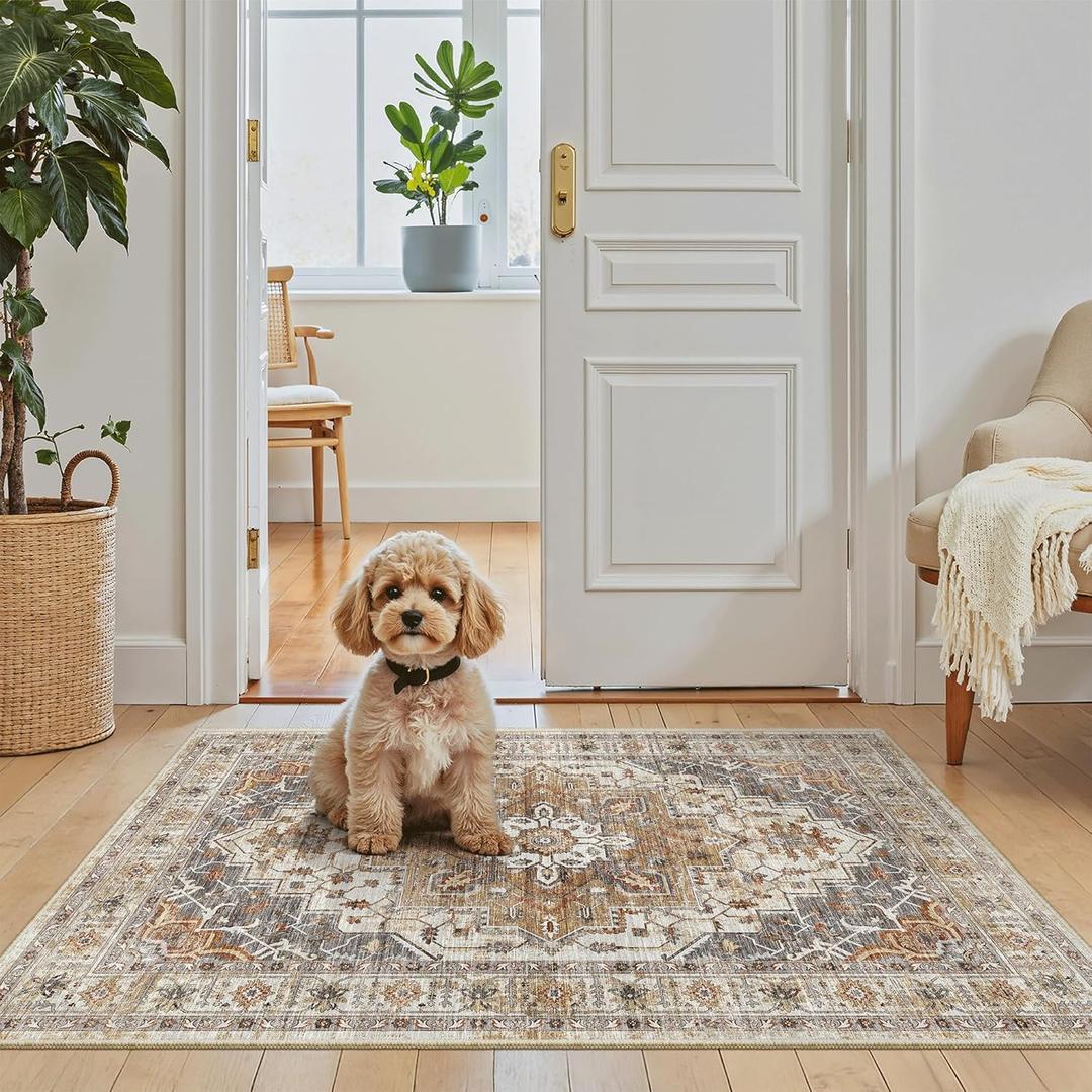 Madane Washable Area Rug 2x3, Small Entryway Rug Non-Slip Vintage Door Mat Indoor Entrance, Low Pile Floor Carpet for Inside Front Door Bedroom Kitchen Entry Laundry (2'x3', Turmeric/Grey)