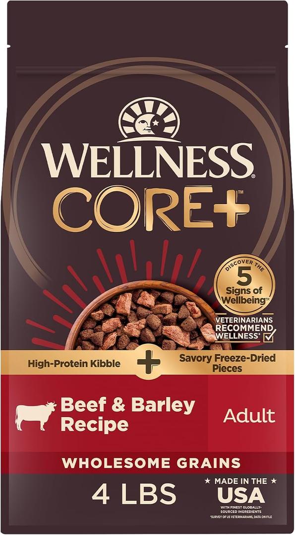 Wellness CORE+ Adult Dry Dog Food with Freeze Dried Pieces, Wholesome Grain Kibble+, Natural, High Protein, Beef and Barley Recipe, 4 lb Bag (EXP 12/16/26)