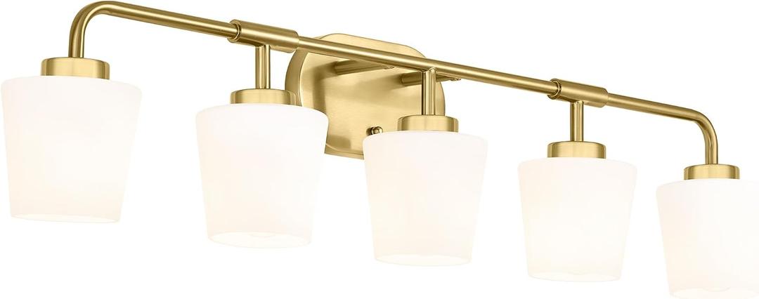 5-Light Brushed Gold Bathroom Vanity Light, Milk White Glass