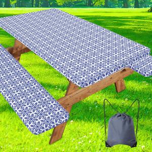 misaya Picnic Table Cover with Bench Cover, Waterproof Elastic Fitted Tablecloth for 6 Foot Tables, Rectangle Washable Polyester Tablecloths for Picnic, Camping, Outdoor (Blue, 30" x 72") (Blue and White)