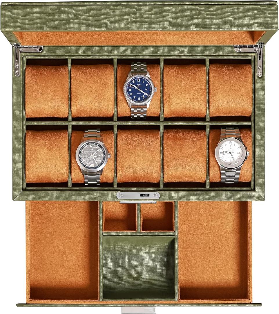 ROTHWELL 10-Slot Watch Box in Leather with Valet Drawer, Luxury Watch Case Display Organizer with Ultra Soft Microsuede Liner, Jewelry and Sunglass Holder With Large Glass top (Green/Tan)