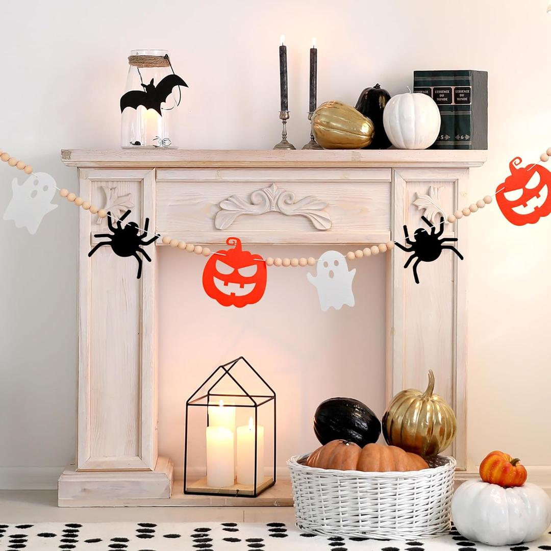 2 x Cute Halloween Garland, Spider Ghost Pumpkin Decorations Wooden Beads Felt Halloween Garland for Bedroom Haunted House Fireplace Wall Indoor Outdoor