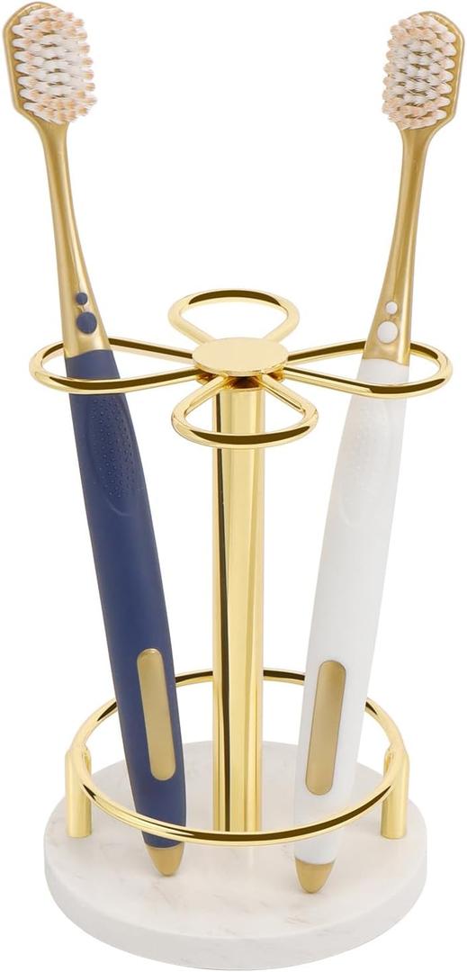 HarJue Toothbrush Holder Stand for Bathroom, Metal Toothbrush Organizer with Marble Base, Toothbrush Storage Collection for Family, Suitable for Home Hotel Countertop Vanity (Small, Gold)