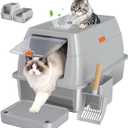 XL Enclosed Stainless Steel Litter Box with Lid, Light Gray | covered, High Sided, Rustproof & Leak Proof, Easy Clean, Odor Control, Includes Scoop & Step