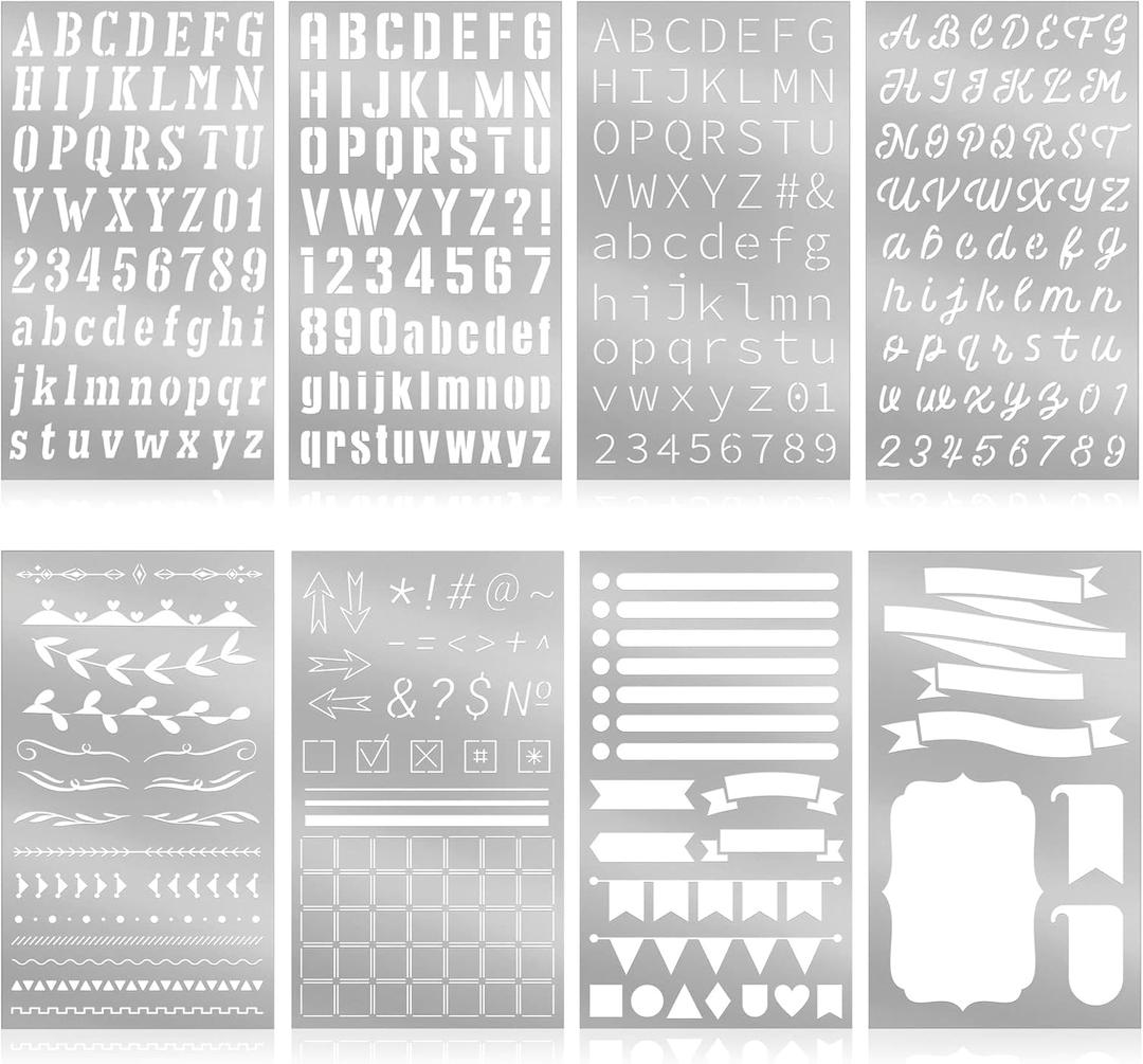 Lewtemi 8 Pcs Metal Stencils Journal Template for Painting 4 x 7 Inc Letter Number Alphabet Stencils for Journaling Engraving Wood Burning Stainless Bookmark Ruler School Supplies(Classic Style)