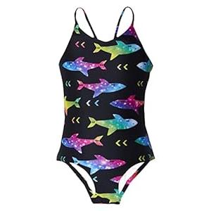 RAISEVERN Girls 1 Piece Swimsuit Shark Bathing Suit for Kids Cross Back Adjustable Straps Swim Suit Beach Summer Swimwear Size 8
