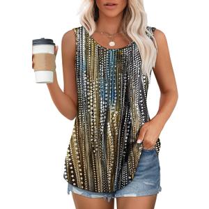 OFEEFAN Womens Tank Tops Loose Fit Dressy Casual Sleeveless Blouses Summer Outfits Round Neck Pleated Front Curved Hem (S)