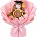 Threehoney Graduation Crochet Flower Bouquet 2026 Graduation Gifts Class of 2026 Grad Party Supplies Pink Handmade Crocheted Flowers and Girl with Diploma Cap for End of Year Teacher Appreciation Gift