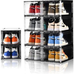 10 Pack Shoe Boxes Stackable,Upgraded Sturdy Storage Boxes with Clear Magnetic Door,Multifunctional Sneaker Organizer Fit up to US Size 12 (13.8x 9.84x 7.1) (Black Clear)