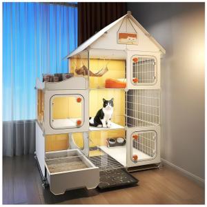 Indoor Cat Cage with Litter Box,Complimentary Cat Bed, Bowl,Teaser Wand