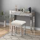 Mirrored Vanity Stool with Crushed Diamond Inlay Velvet Cushion 19.7'' Tall Stylish Makeup Chair for Bedroom, Vanity Chair, Ottoman for Living Room, White