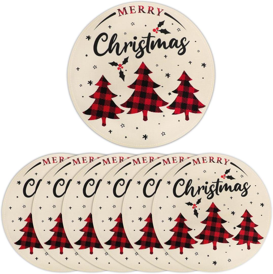 Christmas Placemats, 14inch Round Christmas Placemats Set of 6, Christmas Linen Table Mats Washable, Winter Xmas Holiday Plate Mats for Lndoor Kitchen and Dining Table (Lattice Tree)