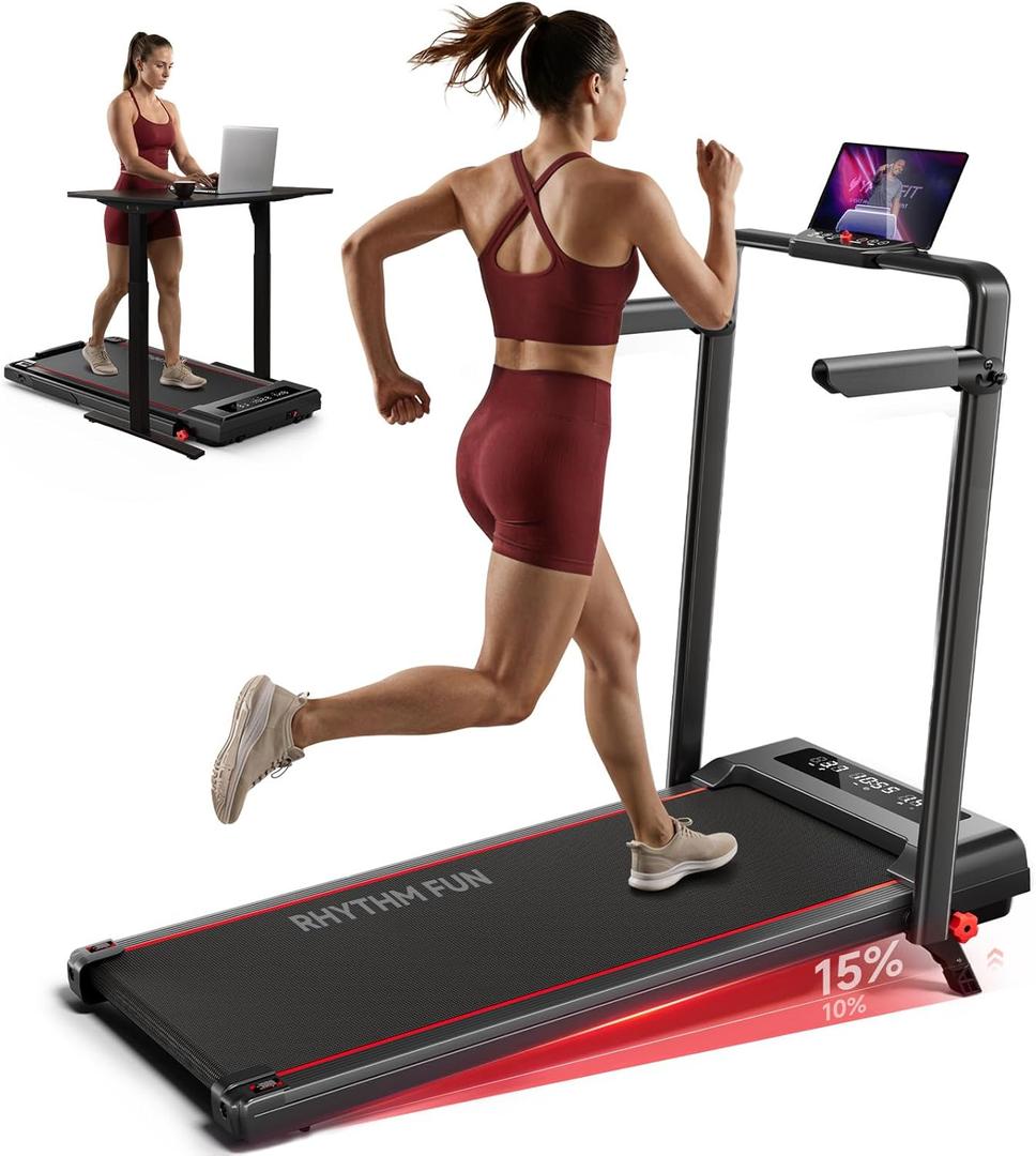 RHYTHM FUN Treadmill with Incline, Walking Pad with Handle Bar,300lbs Walking Pad with APP, Portable Folding Walking Treadmills for Home/Office with Low Noise