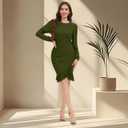 Women's Crewneck Casual Long Sleeve Sweater Dress Ruched Wrap Work Wedding Split Mini Dresses (Green, XL)