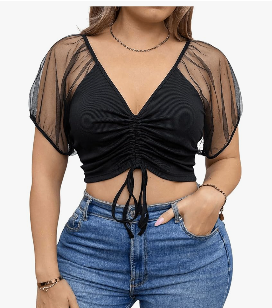 Floerns Women's Plus Size Mesh Dolman Sleeve Tee Drawstring V Neck Crop Tops 4XL