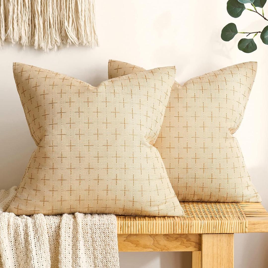MIULEE Pack of 2 Decorative Burlap Linen Throw Pillow Covers Modern Farmhouse Pillowcase Rustic Woven Textured Cushion Cover for Sofa Couch Bed 16x16 Inch Light Coffee (16" x 16" (Pack of 2))
