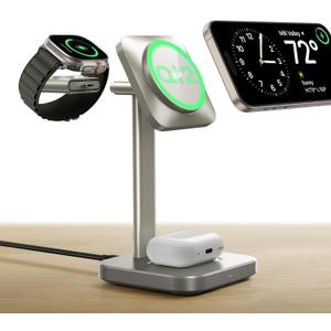 ESR for 3 in 1 Wireless Charging Station, Certified Apple Watch Charger, 15W MagSafe Charger Stand, Wireless Charger for Multiple Devices iPhone 17/16/15/14/13, Watch, AirPods, Natural Titanium