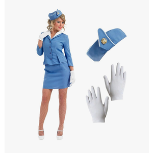 fun shack Flight Attendant Costume Women Blue, Retro Airline Stewardess Outfit with Hat & Gloves, Small