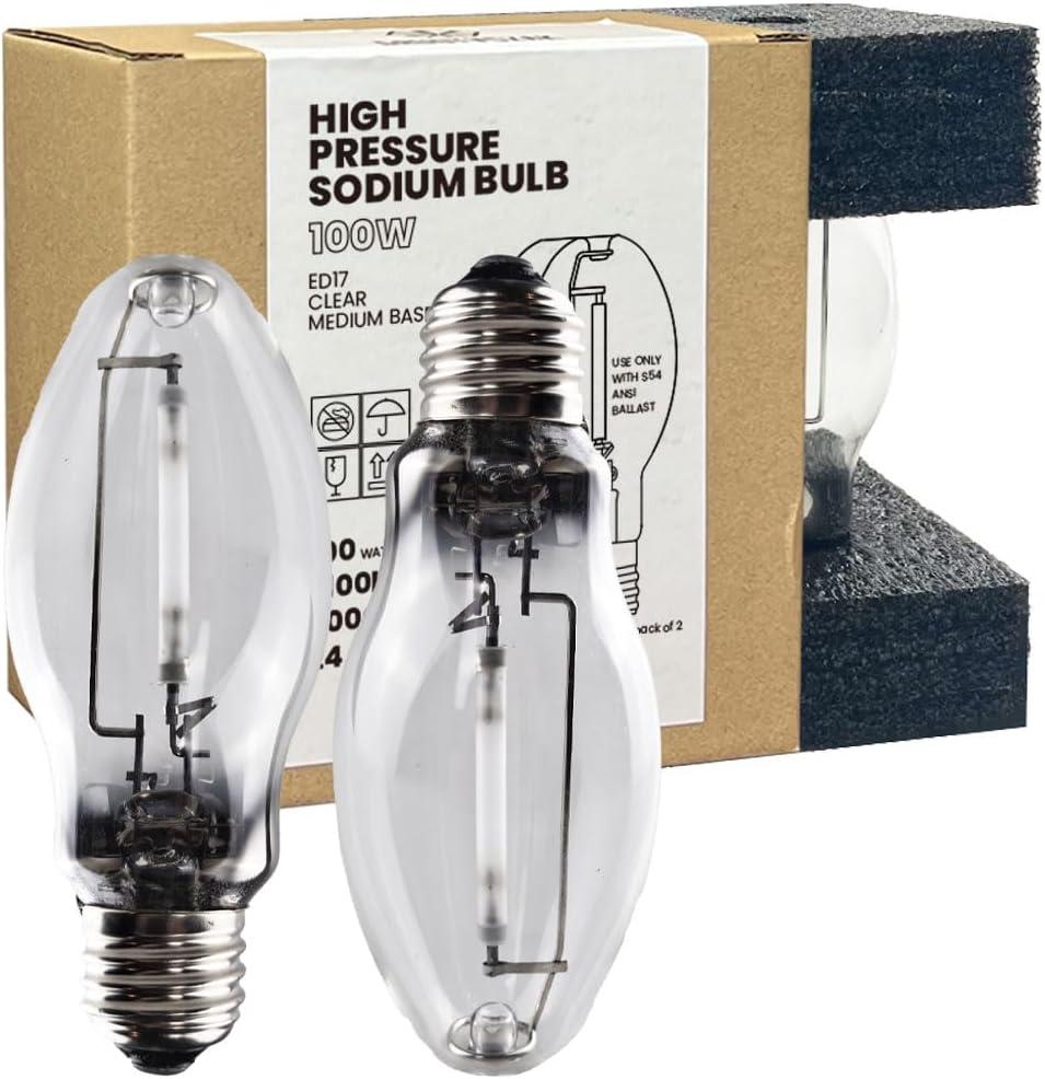 LU100/MED High Pressure Sodium Light Bulb, 100 Watts, ED17/MED, Medium Base (E26), ANSI Code S54, 9000 Lumen, 24000 Life Hours, Clear Bulb, 2100K, 2 Pack
