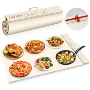 Food Warming Mat,Full Surface Heat Electric Warming Tray,5 Temp-Settings Warming Mat for Food,Portable Silicone Food Warmer Mat with Handle,Food Warming Mat for Buffet,Parties,Gatherings (Beige)