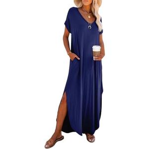 Dokotoo Womens Summer Dresses 2025 Short Sleeve Long T Shirt Dress Split Maxi Dress Beach Sundresses with Pockets, Size XL