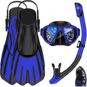 Snorkeling Gear for Adults,3 in 1 Snorkel Set with Panoramic View Diving Mask Anti-Fog Anti-Leak,Dry Top Snorkel,Fins and Travel Bag for Swimming,Snorkeling and Travel Diving